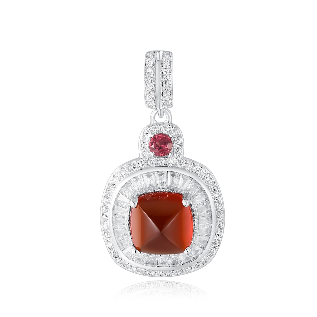 Stainless Steel Pendant with Red Square Gem and Halo