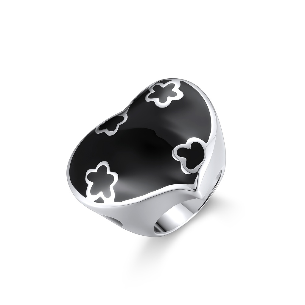 Stainless Steel Quatrefoil Black Enamel Statement Ring, Modern Minimalist Design