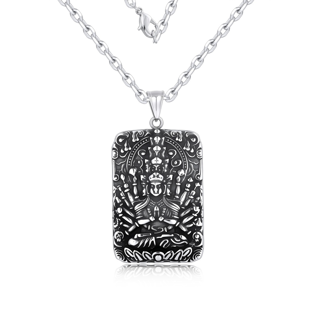 Stainless Steel Rectangular Pendant Necklace with Intricate Spiritual Design