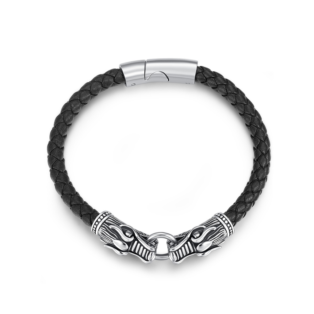 Braided Leather Bracelet with Stainless Steel Dragon Head Design Clasp