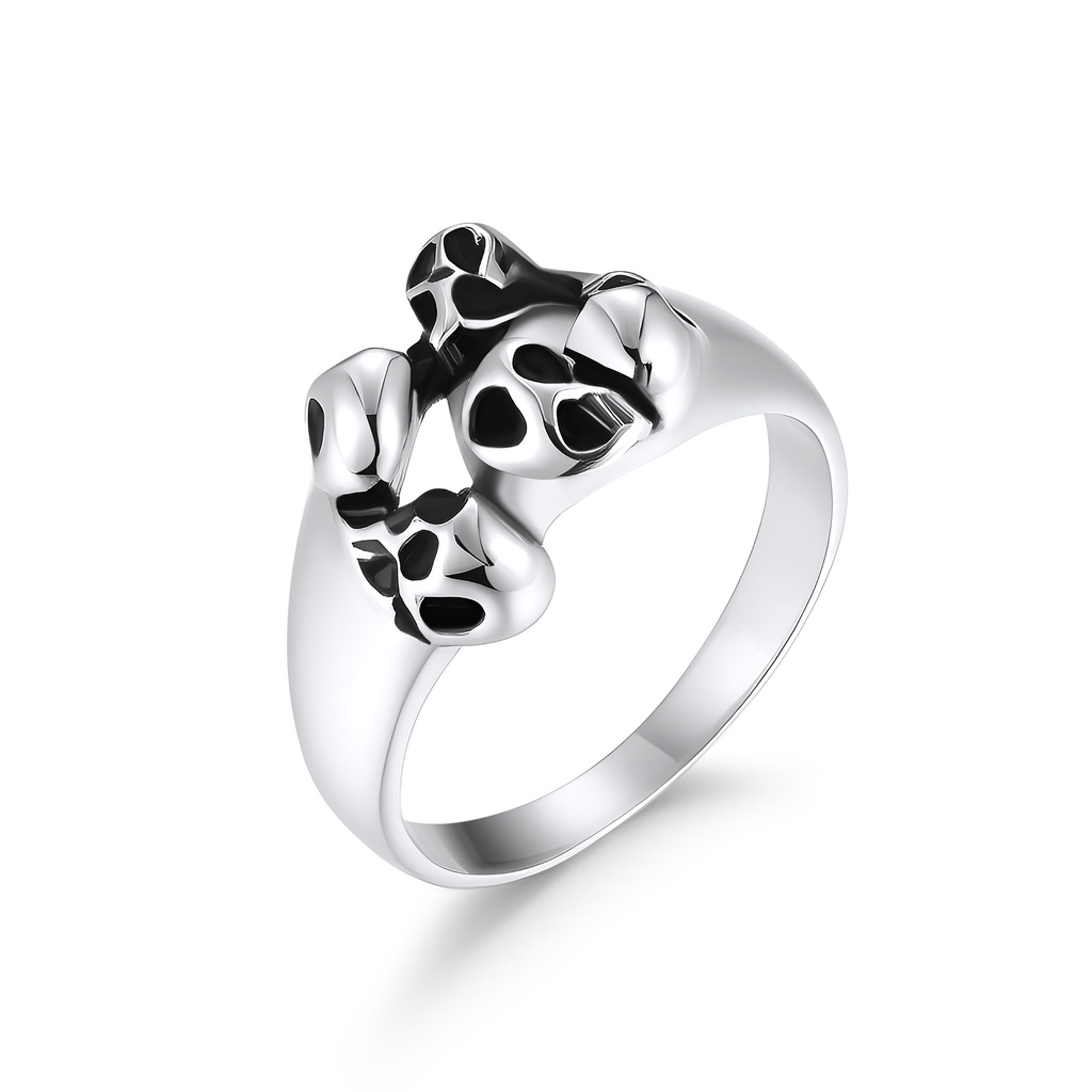 Stainless Steel Ring with Black Enamel Paw Print Design