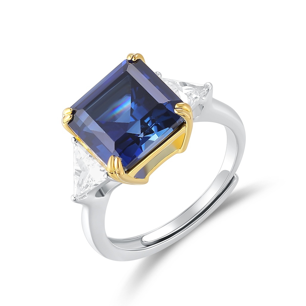 Stainless Steel Ring with Blue Emerald Cut Gemstone Accent