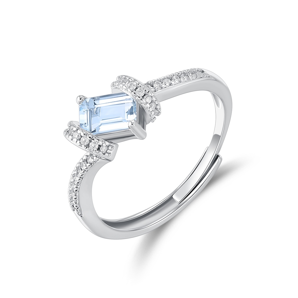 Stainless Steel Ring with Blue Emerald-Cut Crystal and Accents