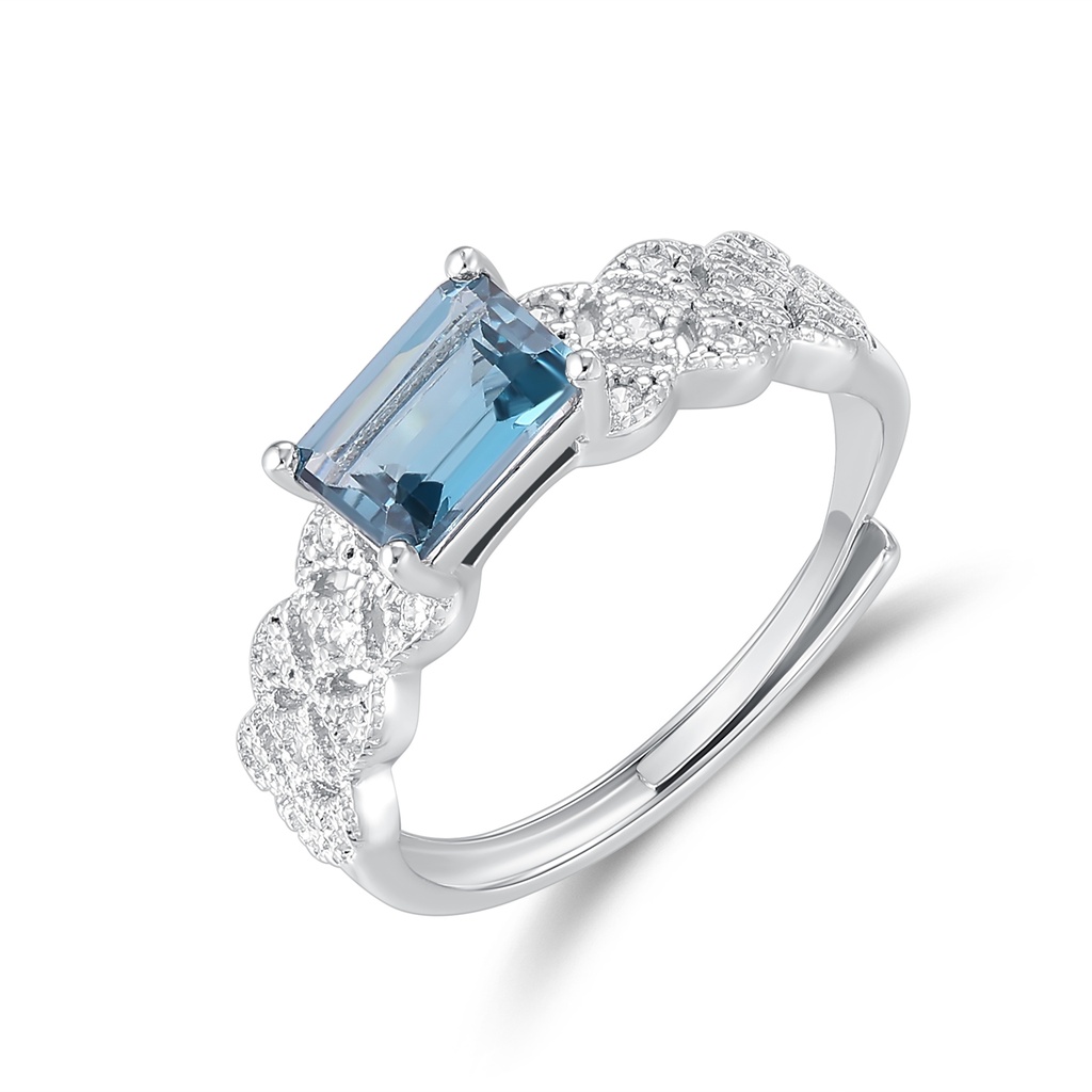 Stainless Steel Ring with Blue Emerald-Cut and White Crystals