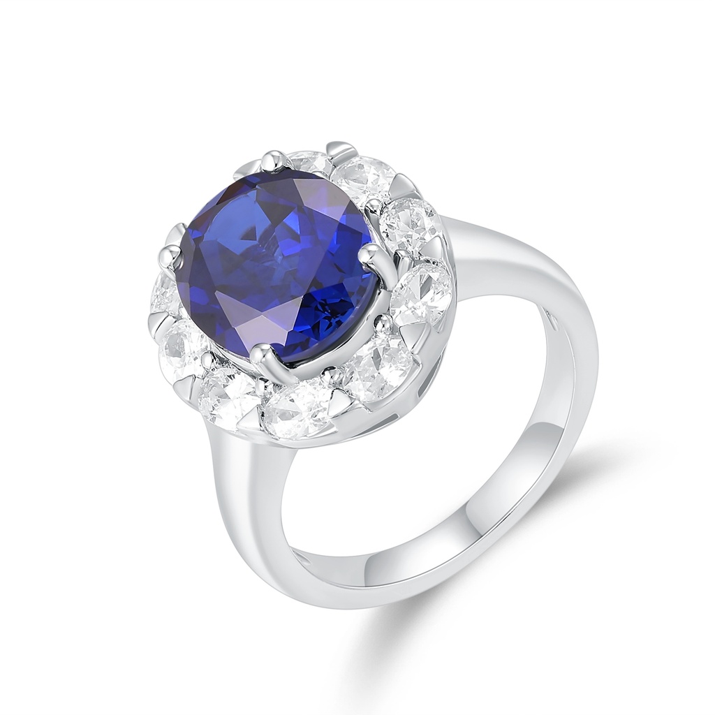 Stainless Steel Ring with Blue Sapphire Crystal and Diamond Halo