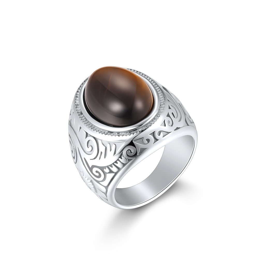 Stainless Steel Ring with Brown Stone and Tribal Engraving