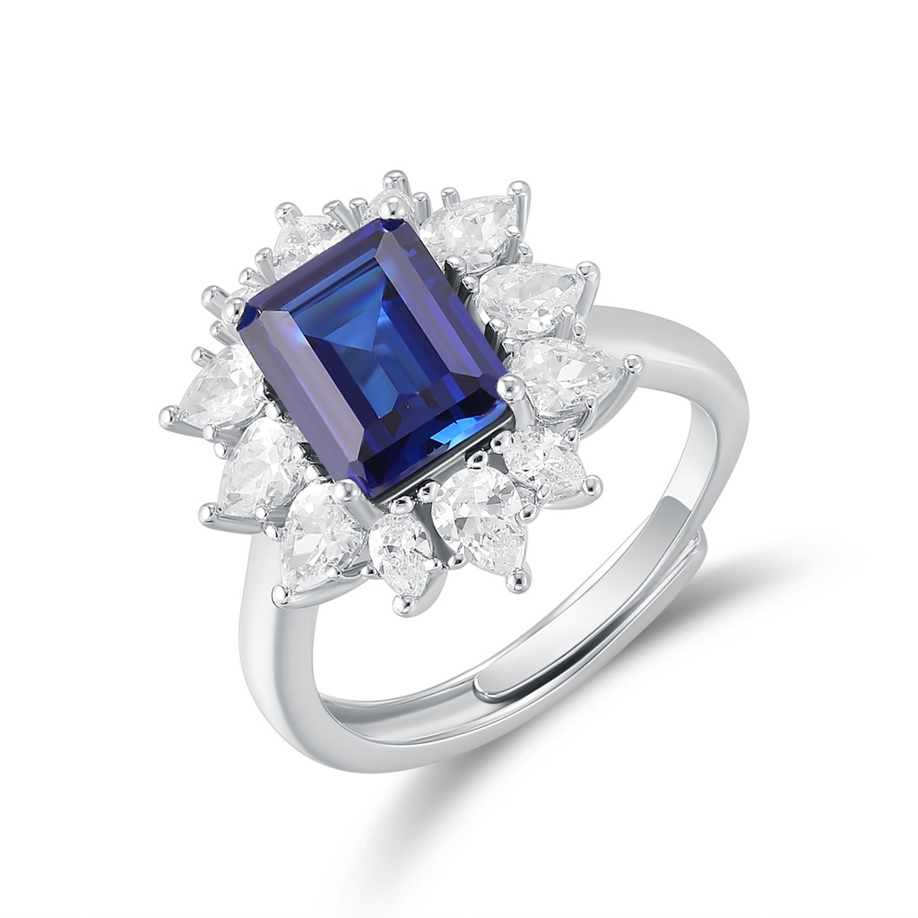 Stainless Steel Ring with Emerald-Cut Blue Stone and Halo