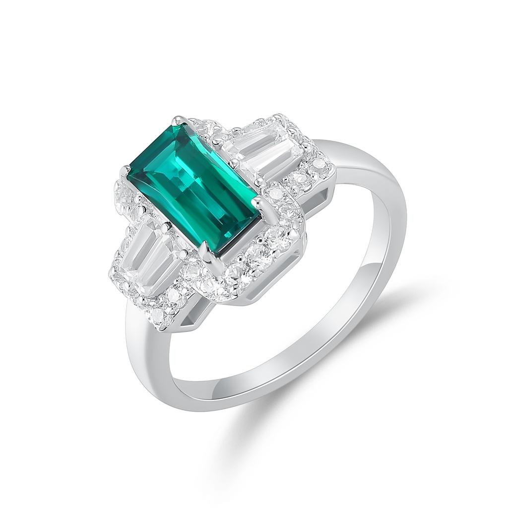 Stainless Steel Ring with Emerald-Cut Green Gem and Crystal Halo