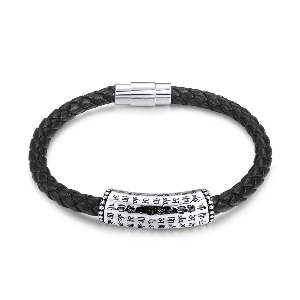 Braided Leather Bracelet with Tibetan Script Stainless Steel Accent