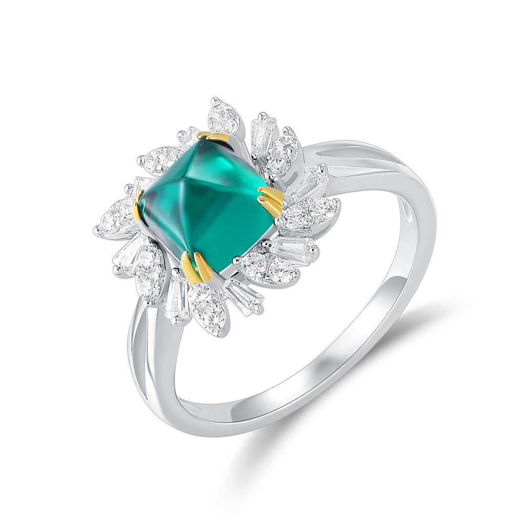 Stainless Steel Ring with Green Gemstone and Crystal Petal Halo