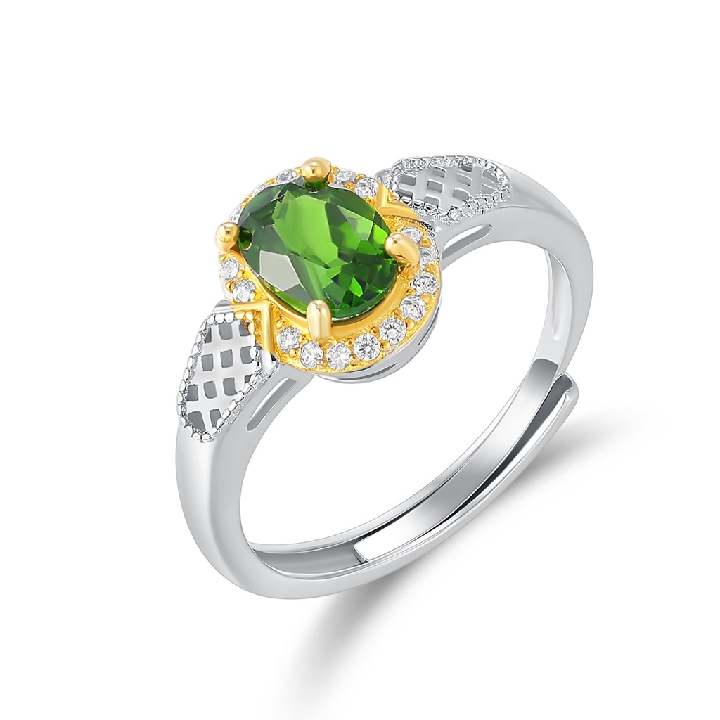 Stainless Steel Ring with Green Oval Gem and Golden Accents