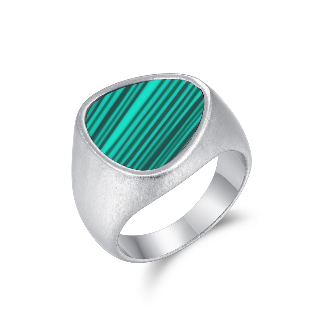 Stainless Steel Ring with Green Striped Malachite-Inspired Stone