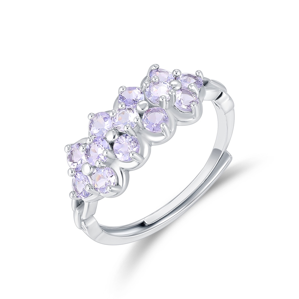 Stainless Steel Ring with Lavender Crystal Flower Cluster Design