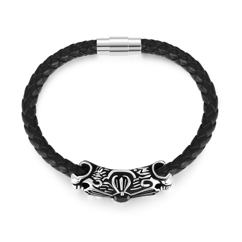 Braided Leather Bracelet with Tiger Head Stainless Steel Centerpiece