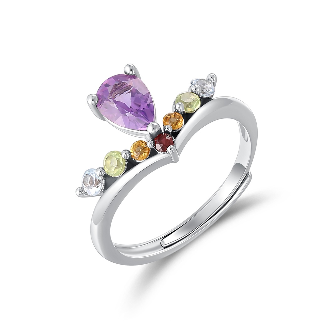 Stainless Steel Ring with Multicolor Gemstones and Elegant Teardrop Design