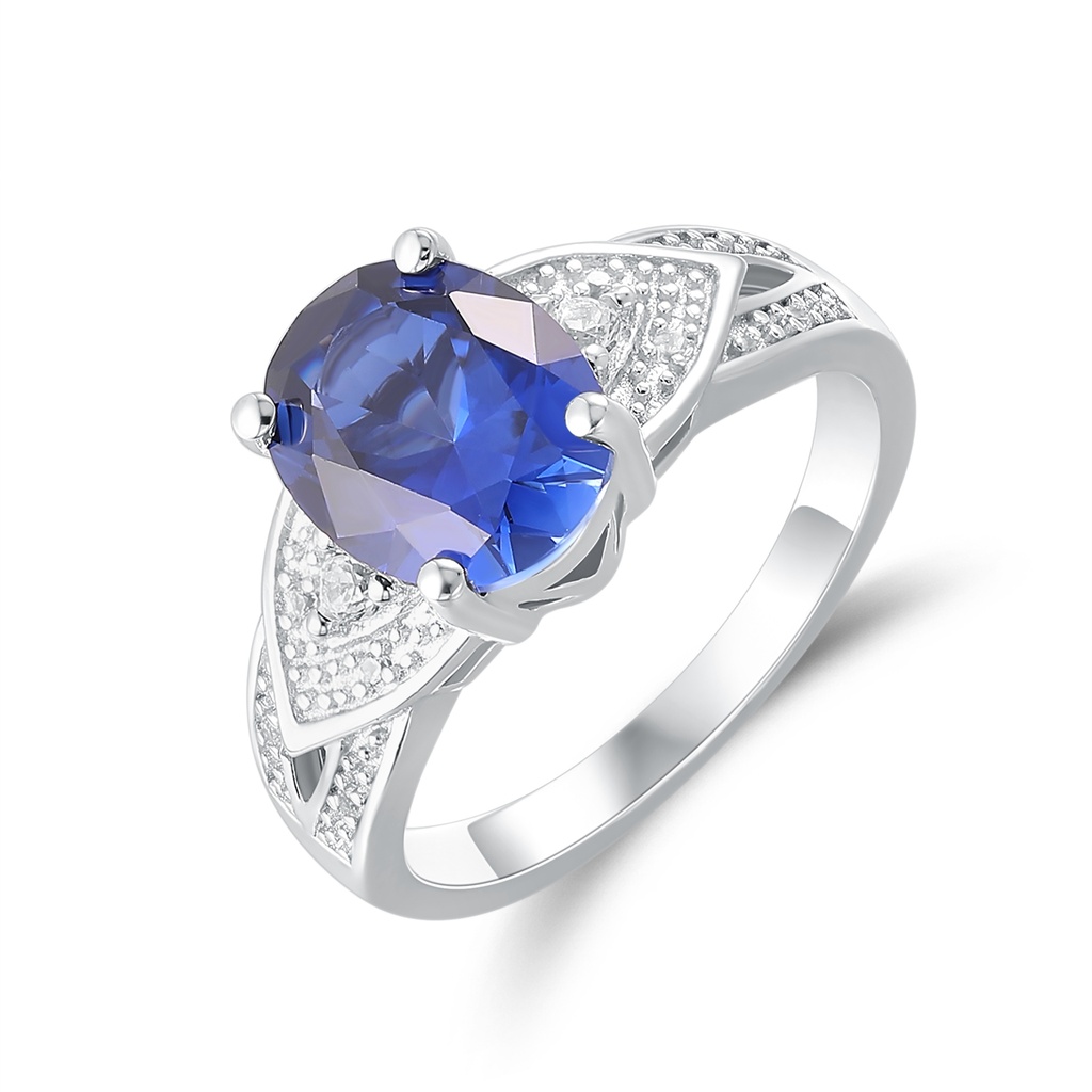 Stainless Steel Ring with Oval Blue Gem and Crystals