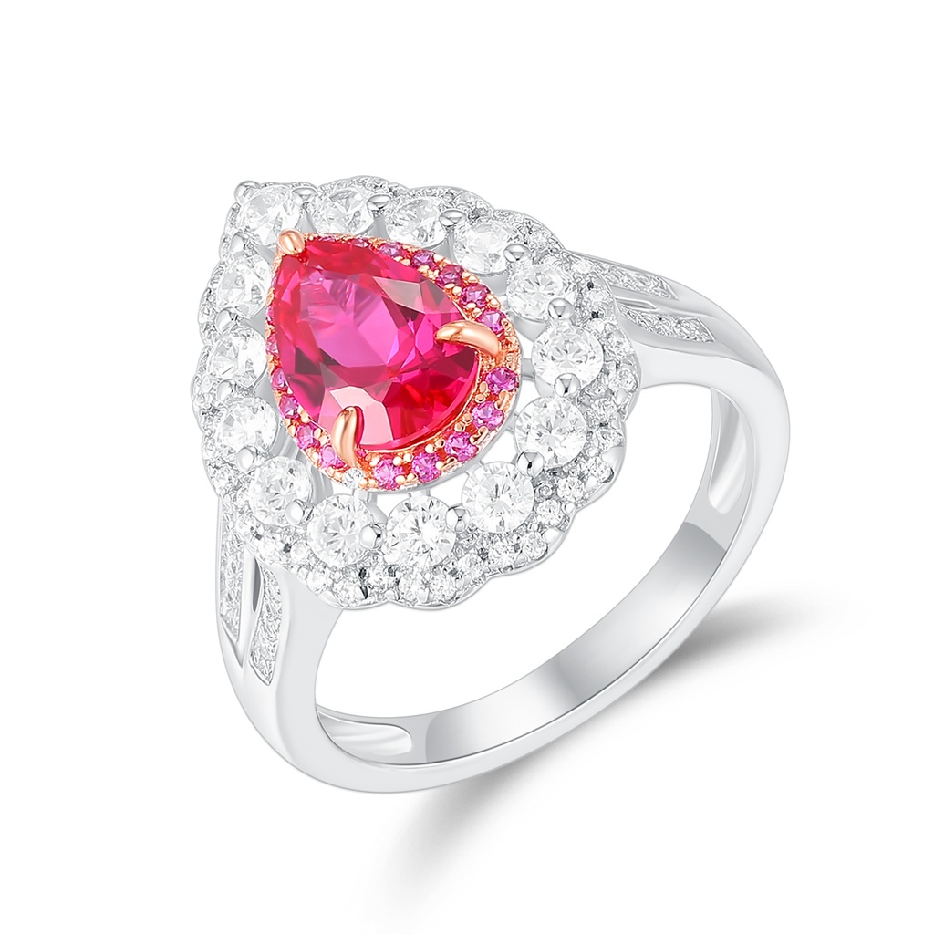 Stainless Steel Ring with Pear-Shaped Red Crystal Halo