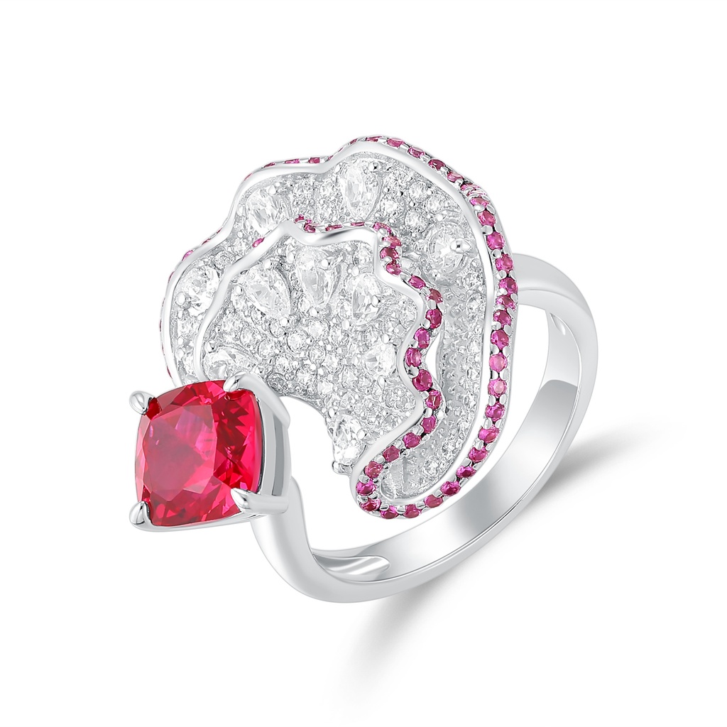 Stainless Steel Ring with Red Gem and Crystal Flower Design