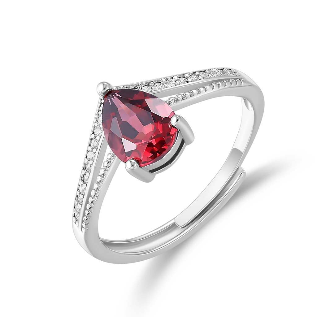 Stainless Steel Ring with Red Teardrop and Crystal Accents