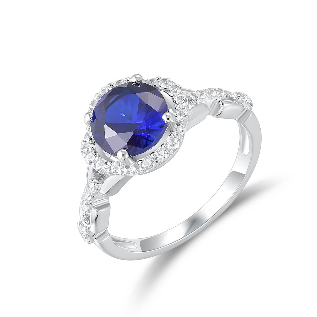 Stainless Steel Ring with Round Blue Gem and Halo