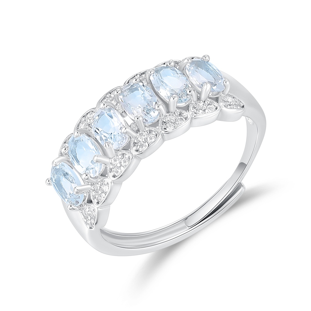 Stainless Steel Ring with Sky Blue Oval Crystals and Accents