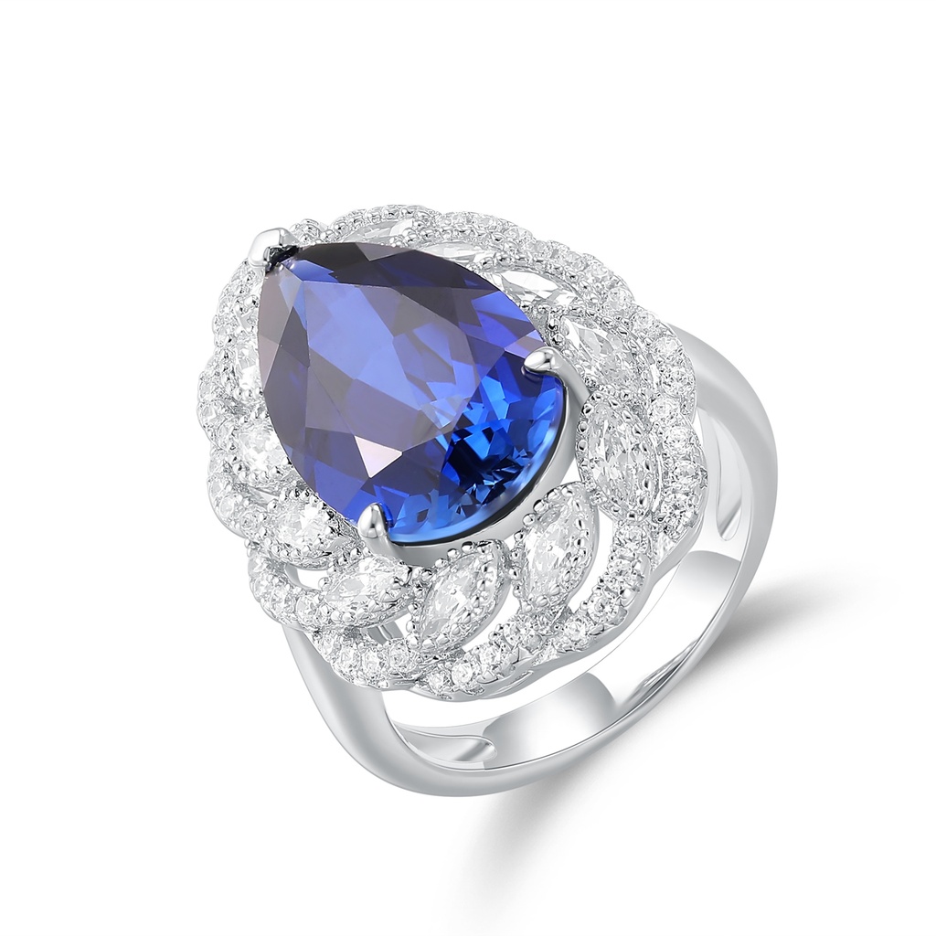Stainless Steel Ring with Teardrop Sapphire and Crystal Halo