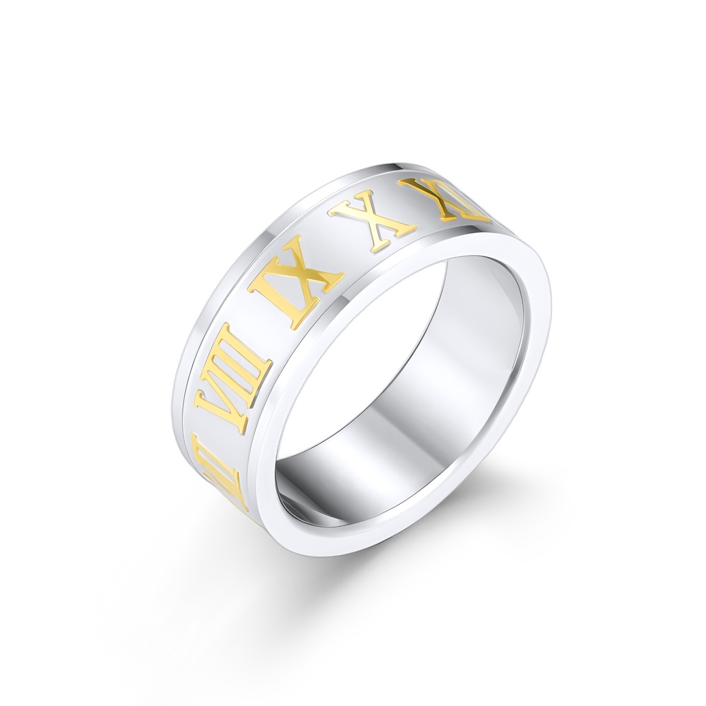 Stainless Steel Roman Numeral Ring with Gold Detailing Design