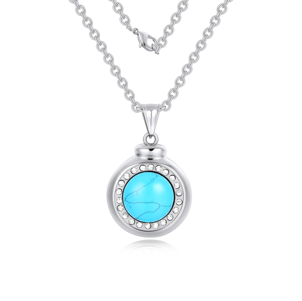 Stainless Steel Round Pendant Necklace with Turquoise and Crystal Accents