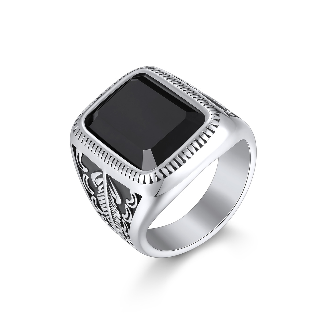 Stainless Steel Signet Ring with Black Stone and Engraved Sides