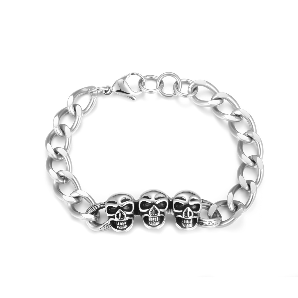 Stainless Steel Skull Bracelet with Heavy Curb Chain Style