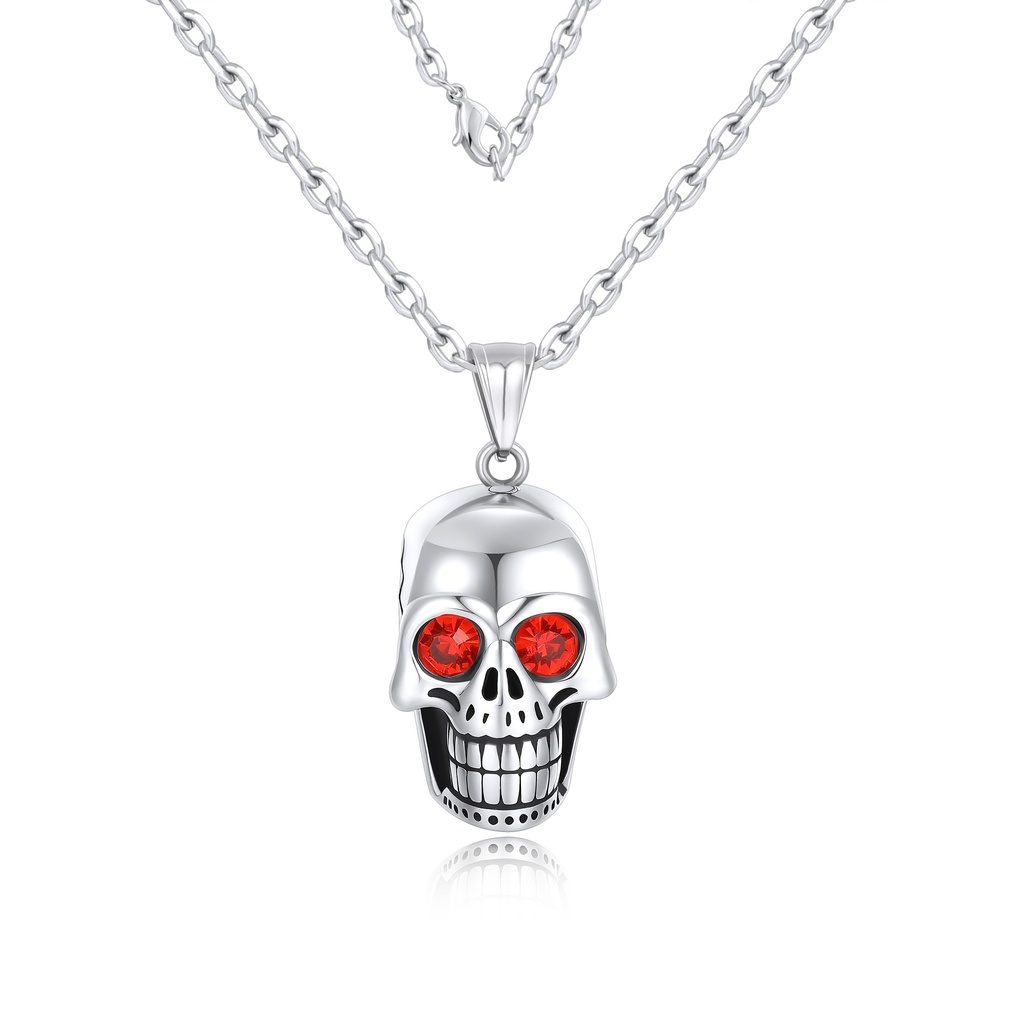 Stainless Steel Skull Pendant Necklace with Fiery Red Crystal Eyes