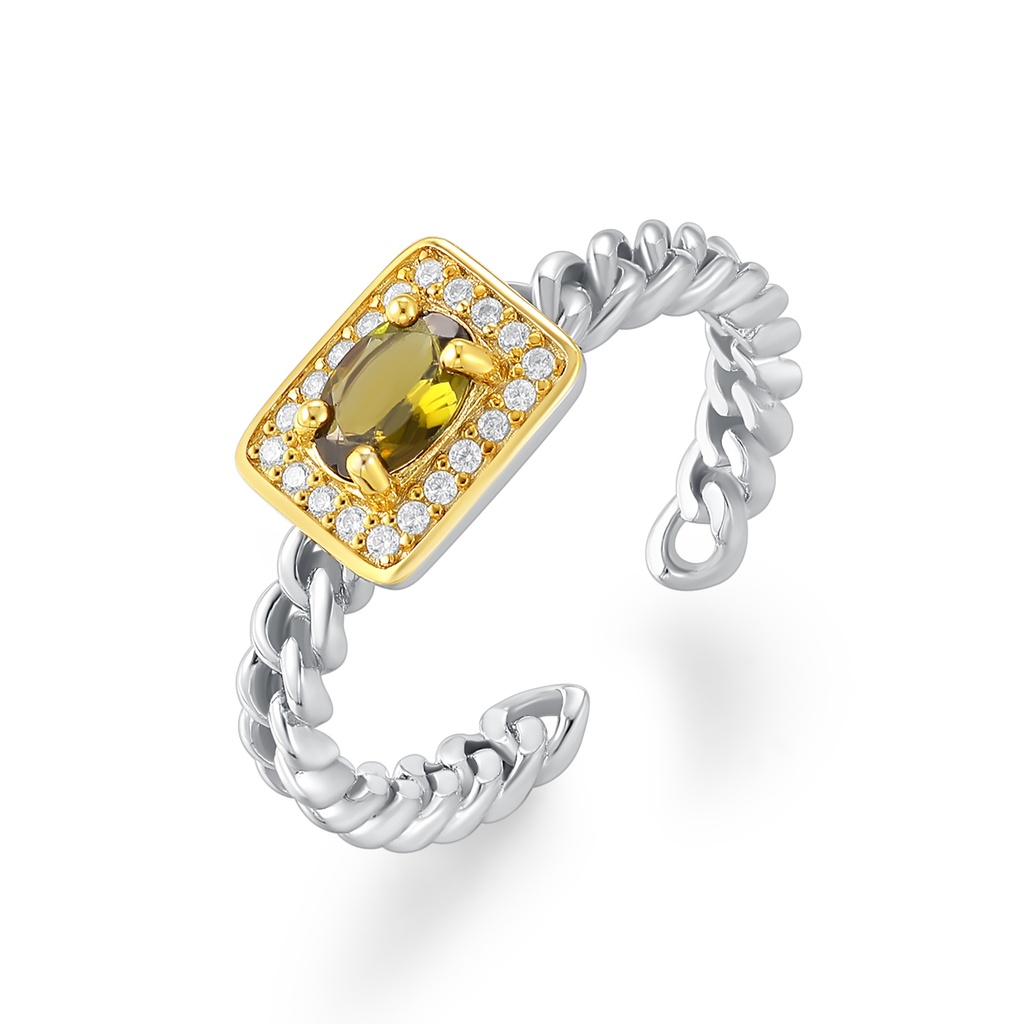 Adjustable Silver Chain Ring with Yellow Gemstone and Crystals