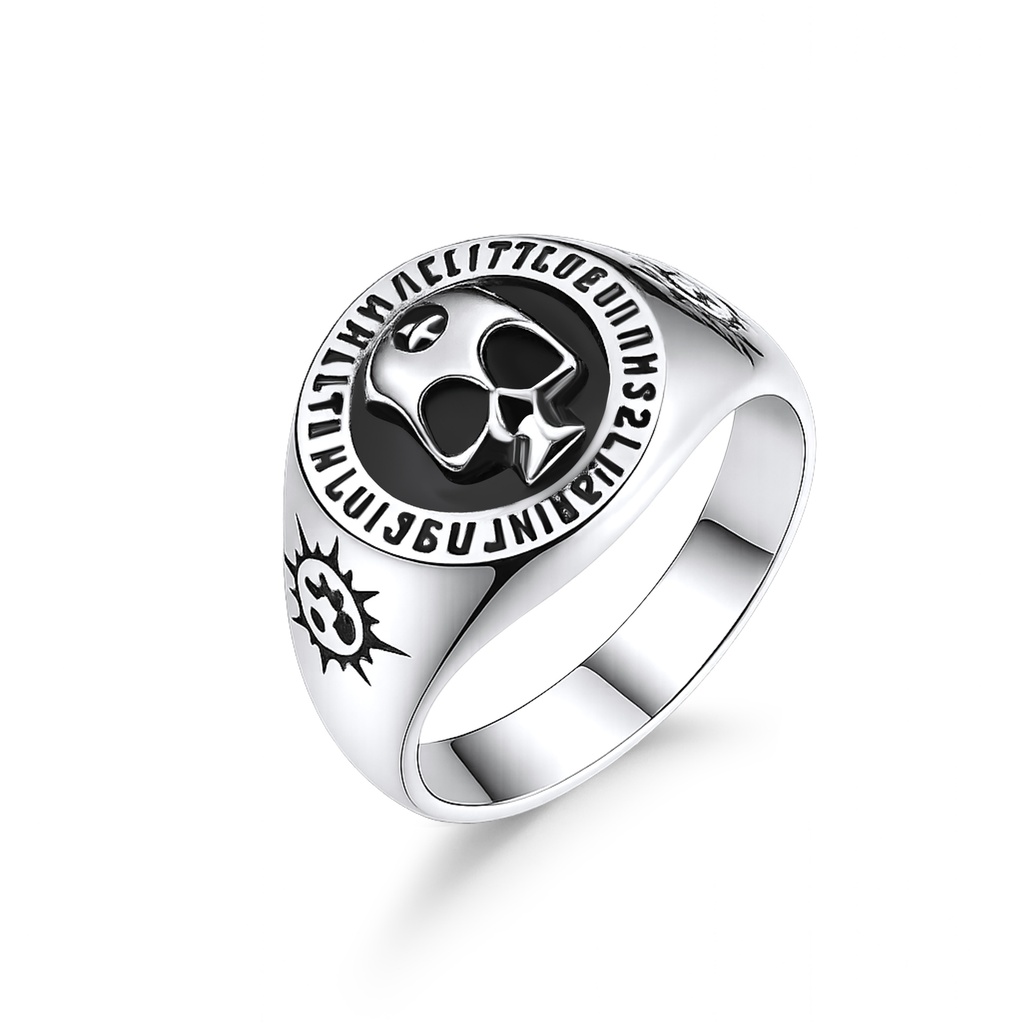 Stainless Steel Skull Signet Ring with Engraved Gothic Lettering Design