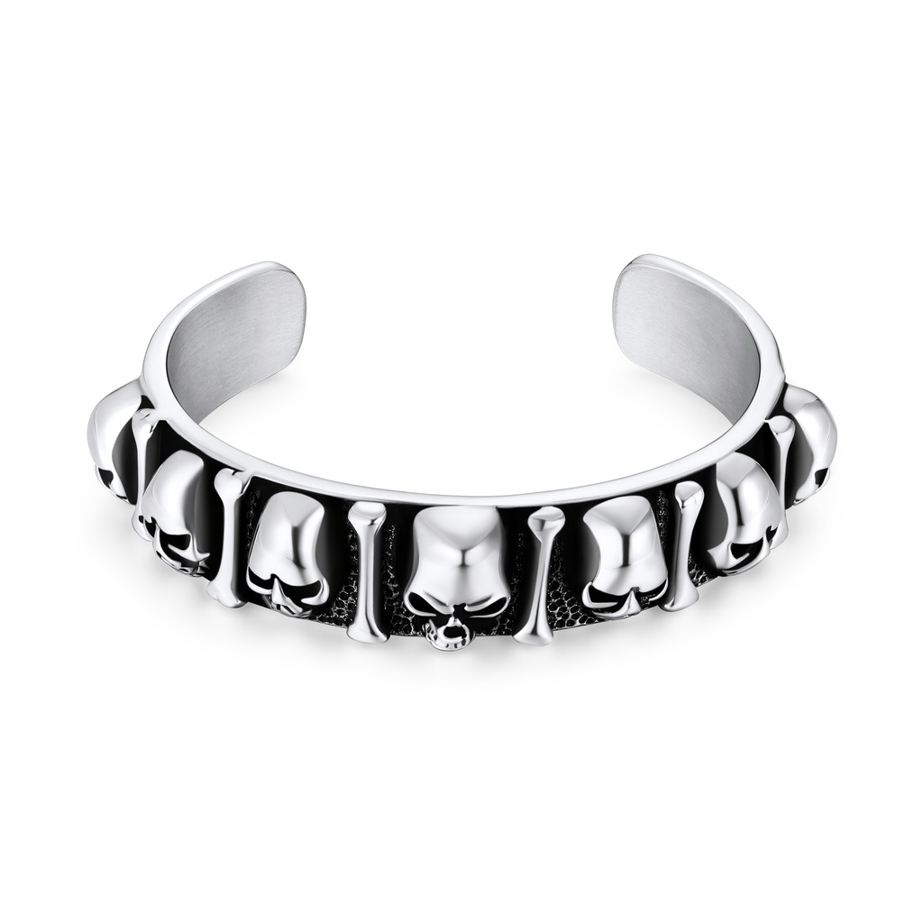 Stainless Steel Skull and Bones Wide Cuff Punk Biker Bracelet