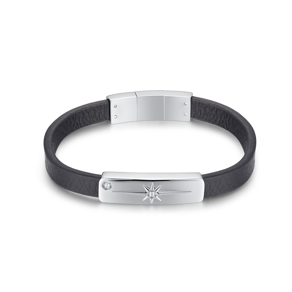 Stainless Steel Star Charm Bracelet with Black Leather Band