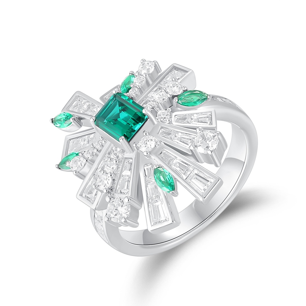 Stainless Steel Statement Ring with Green and Clear Crystals