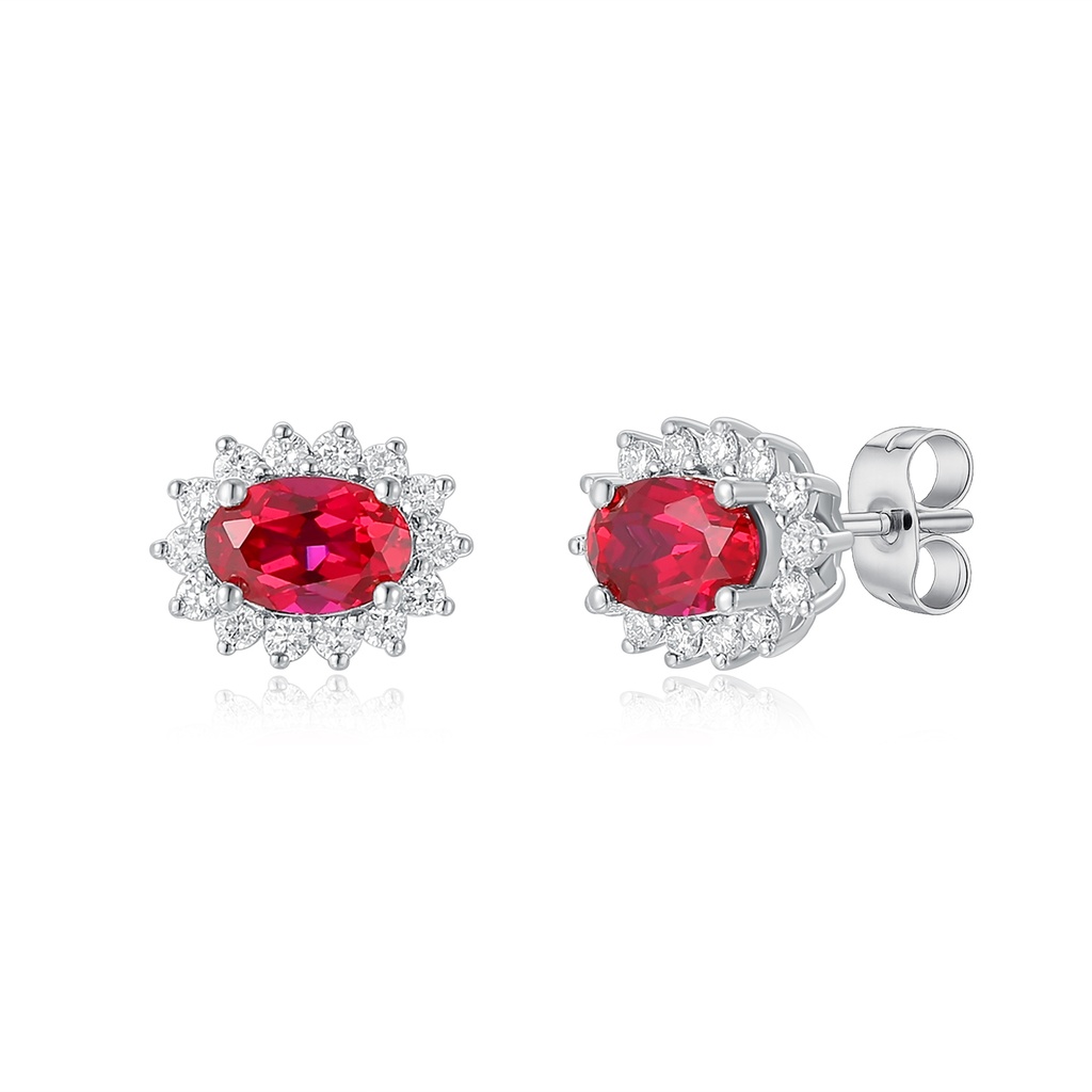Stainless Steel Stud Earrings with Red Oval Gemstone Halo