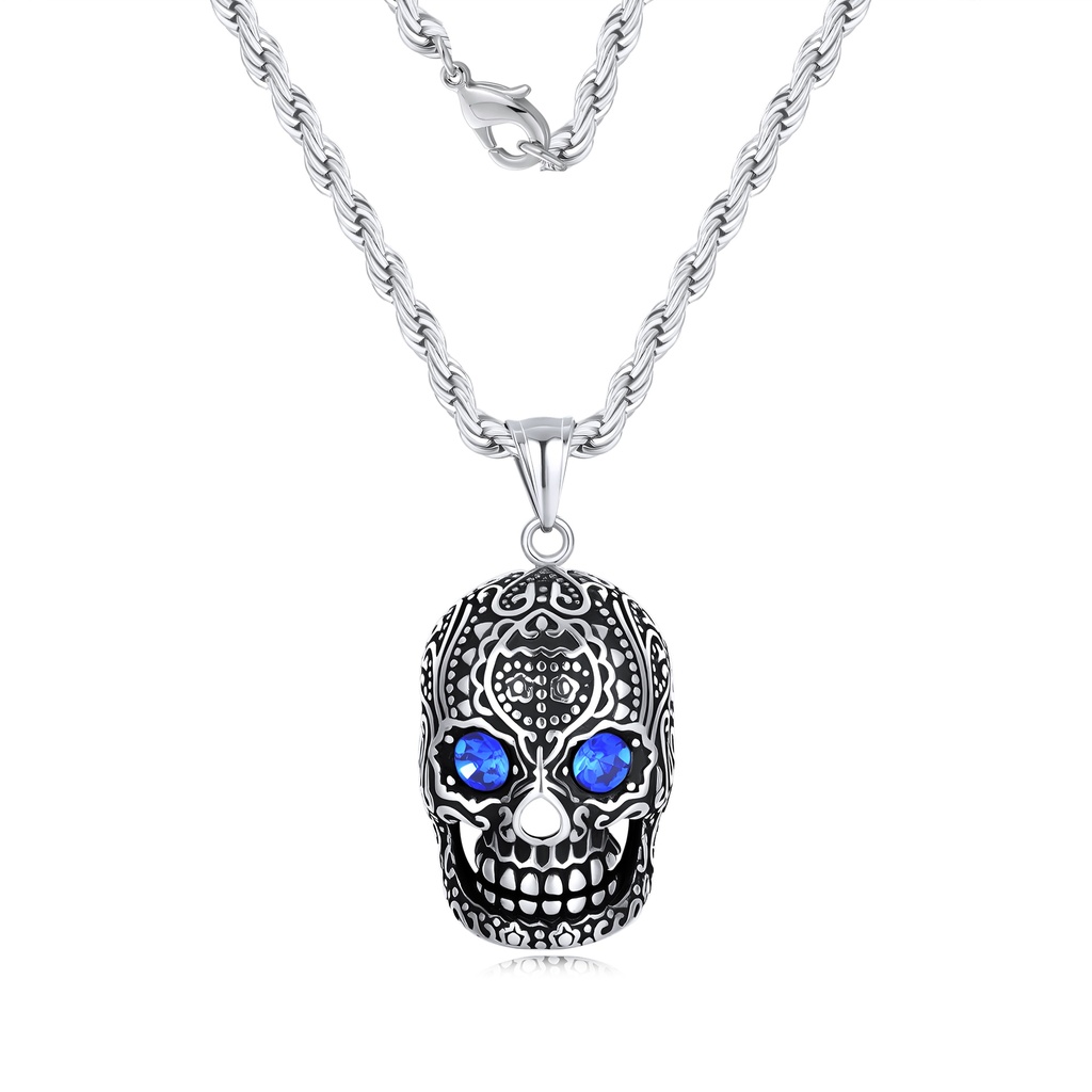 Stainless Steel Sugar Skull Necklace with Blue Crystal Eyes