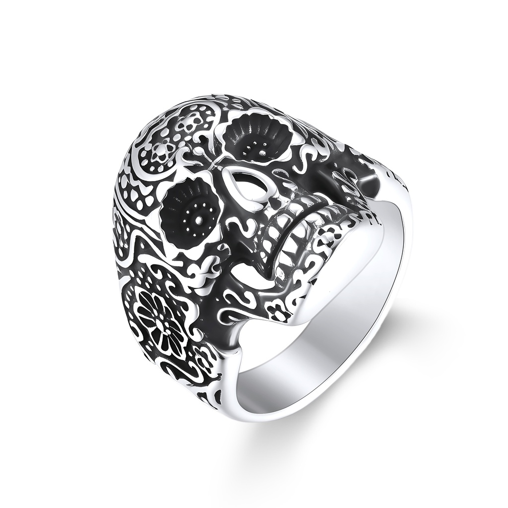 Stainless Steel Sugar Skull Ring with Intricate Gothic Floral Design