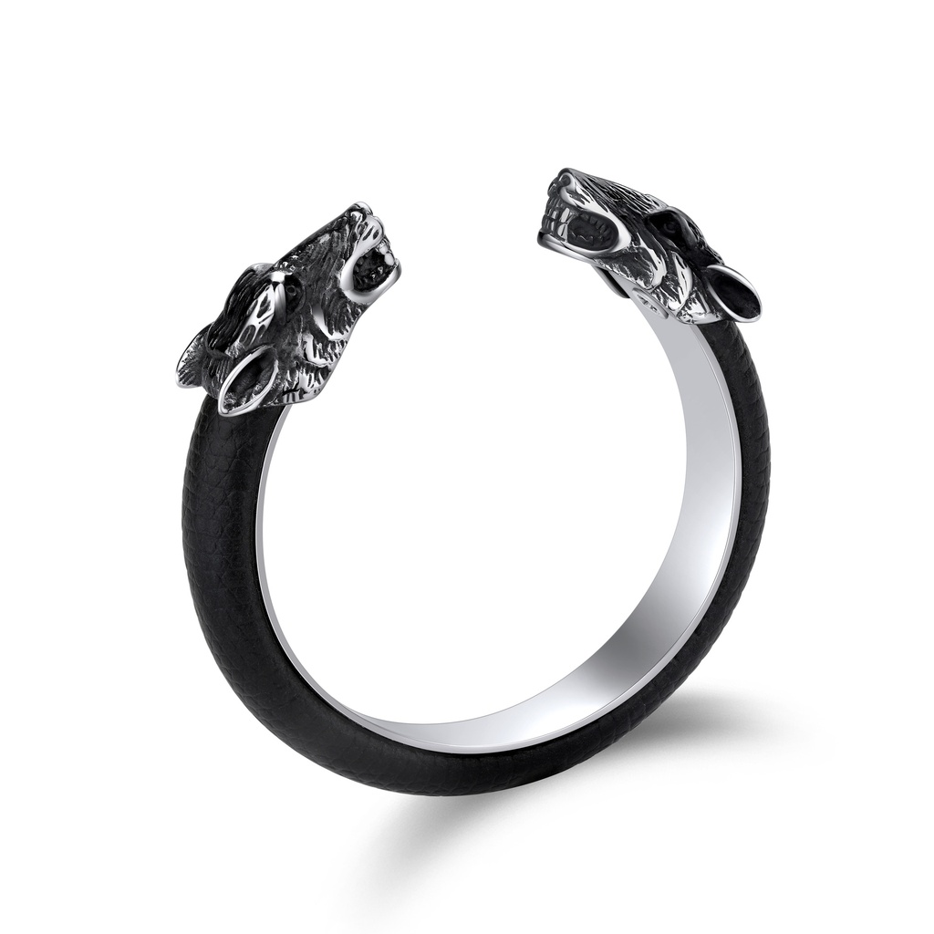 Stainless Steel Wolf Head Design Cuff Bracelet with Black Leather