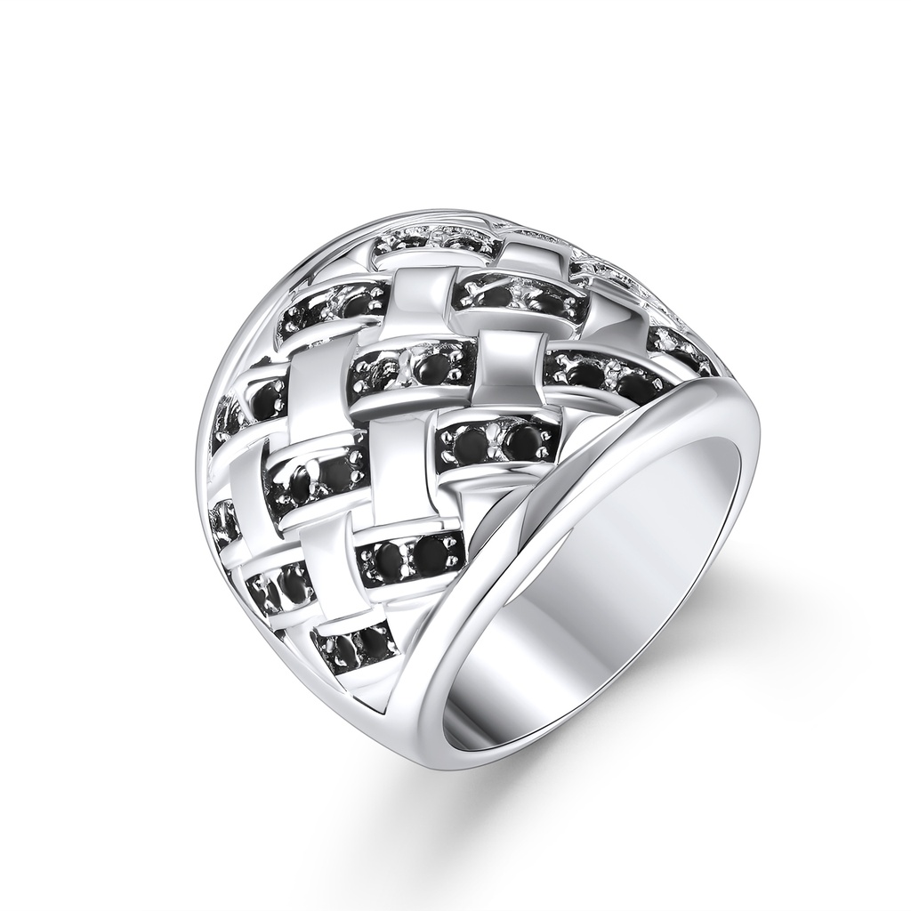 Stainless Steel Woven Pattern Statement Ring with Black Crystal Accents