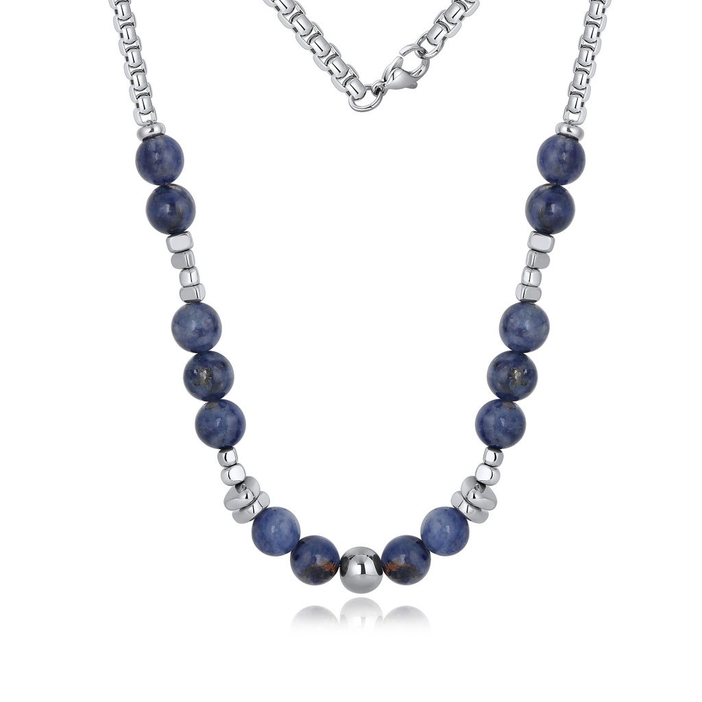 Stainless Steel and Blue Sodalite Bead Necklace for Contemporary Minimalist Style