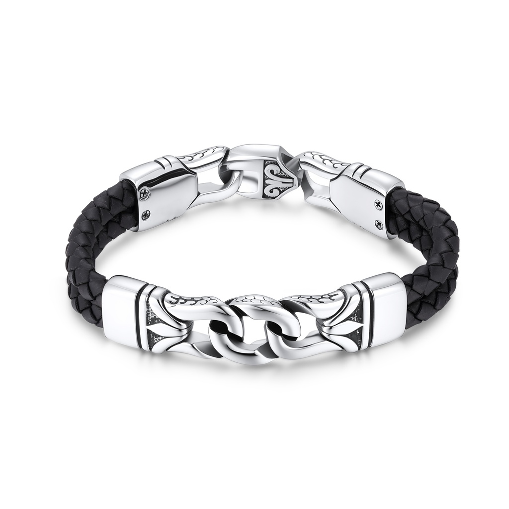 Stainless steel leather bracelet with bold chain and Viking-inspired detail.