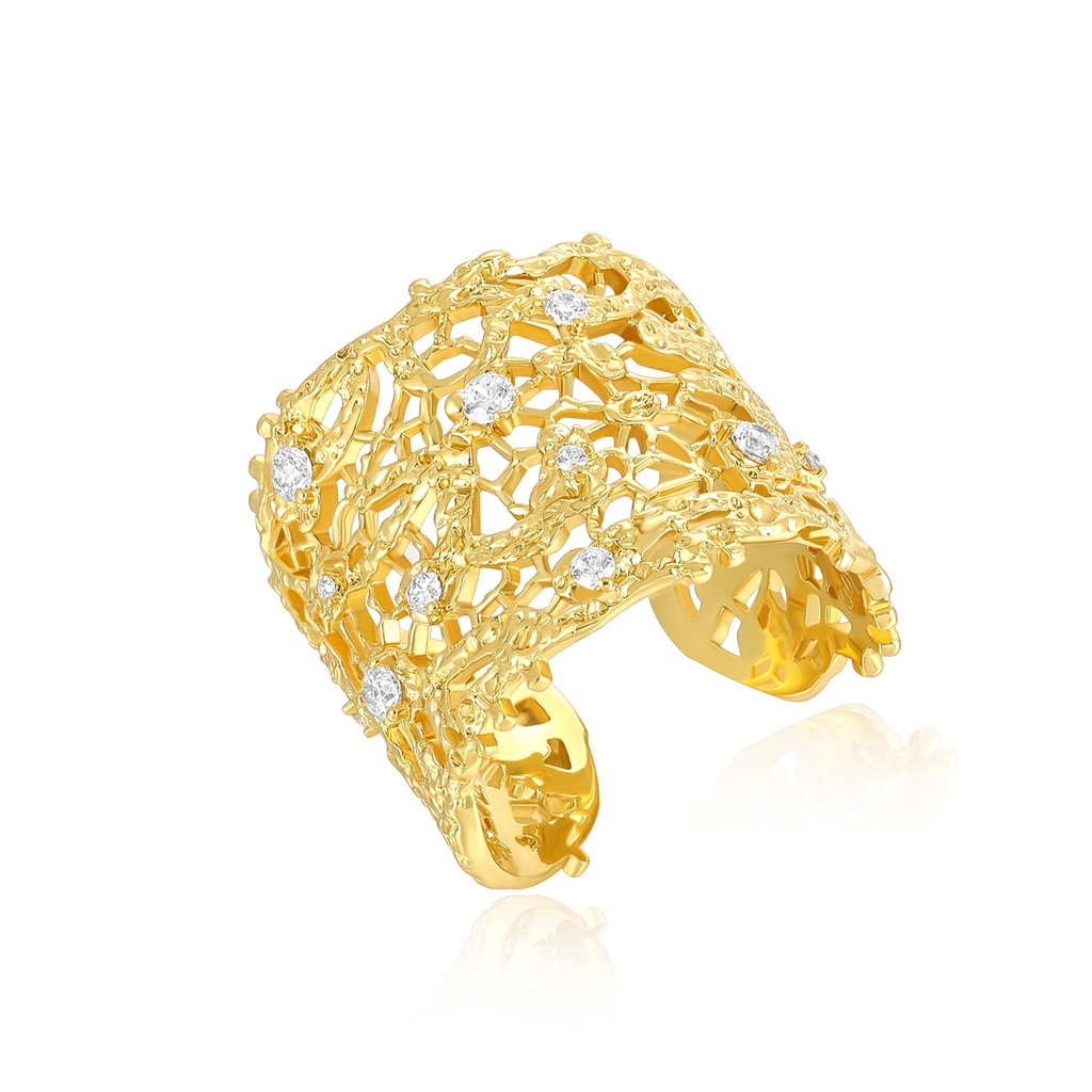 Statement Brass Gold Ring with Lace-Like Structure and Crystals