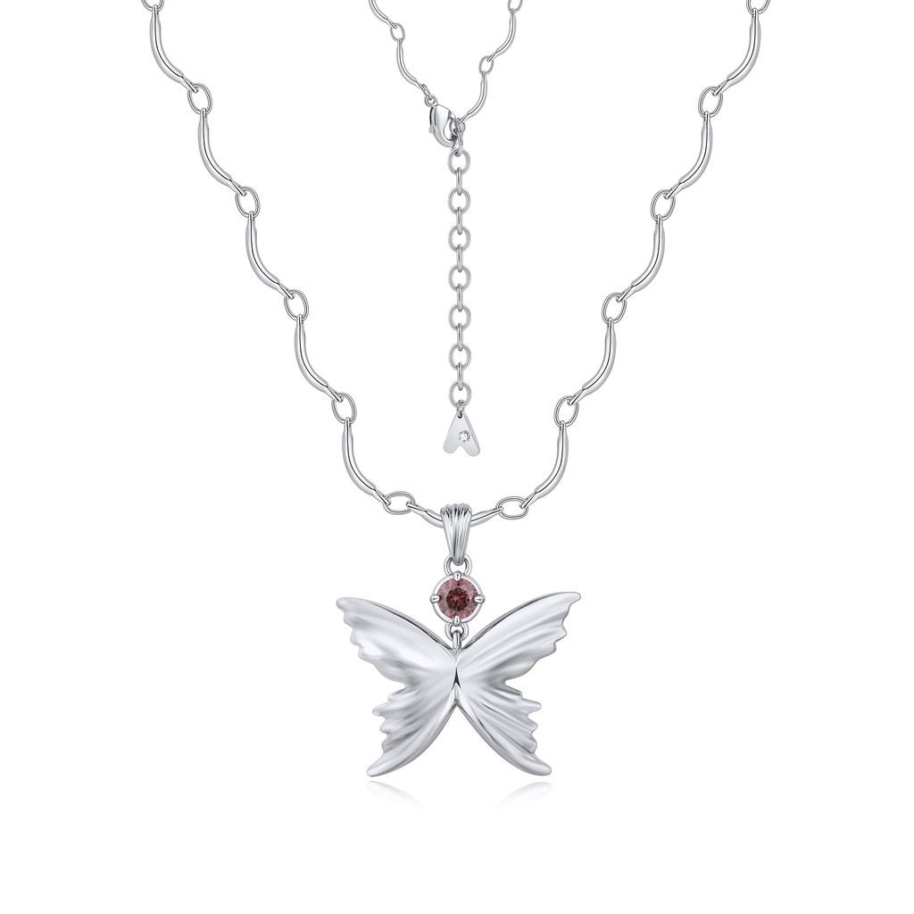 Striking silver butterfly pendant necklace with red gemstone detail