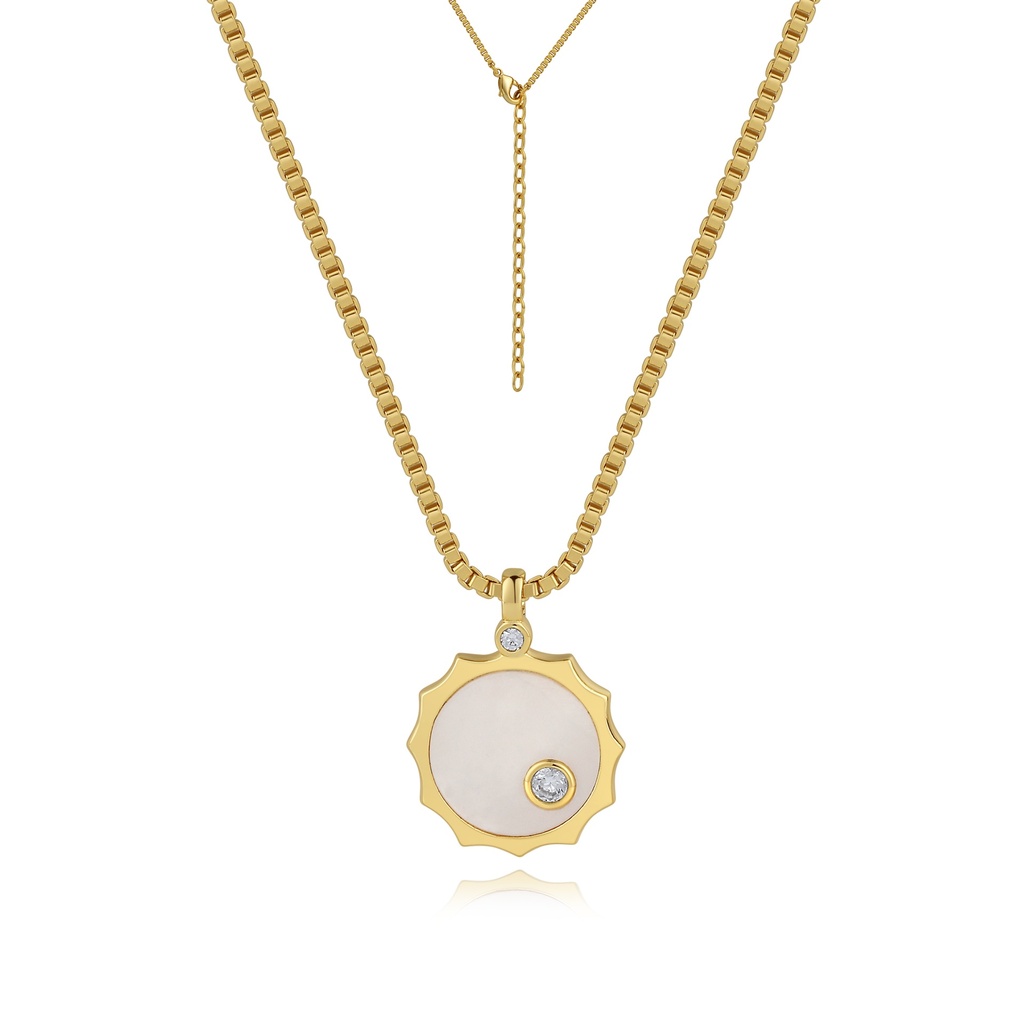 Sun-Inspired Brass Pendant Necklace with White and Gold Accents
