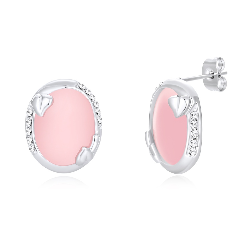 Sweet Pink Oval Stud Earrings with Heart and Crystal Details