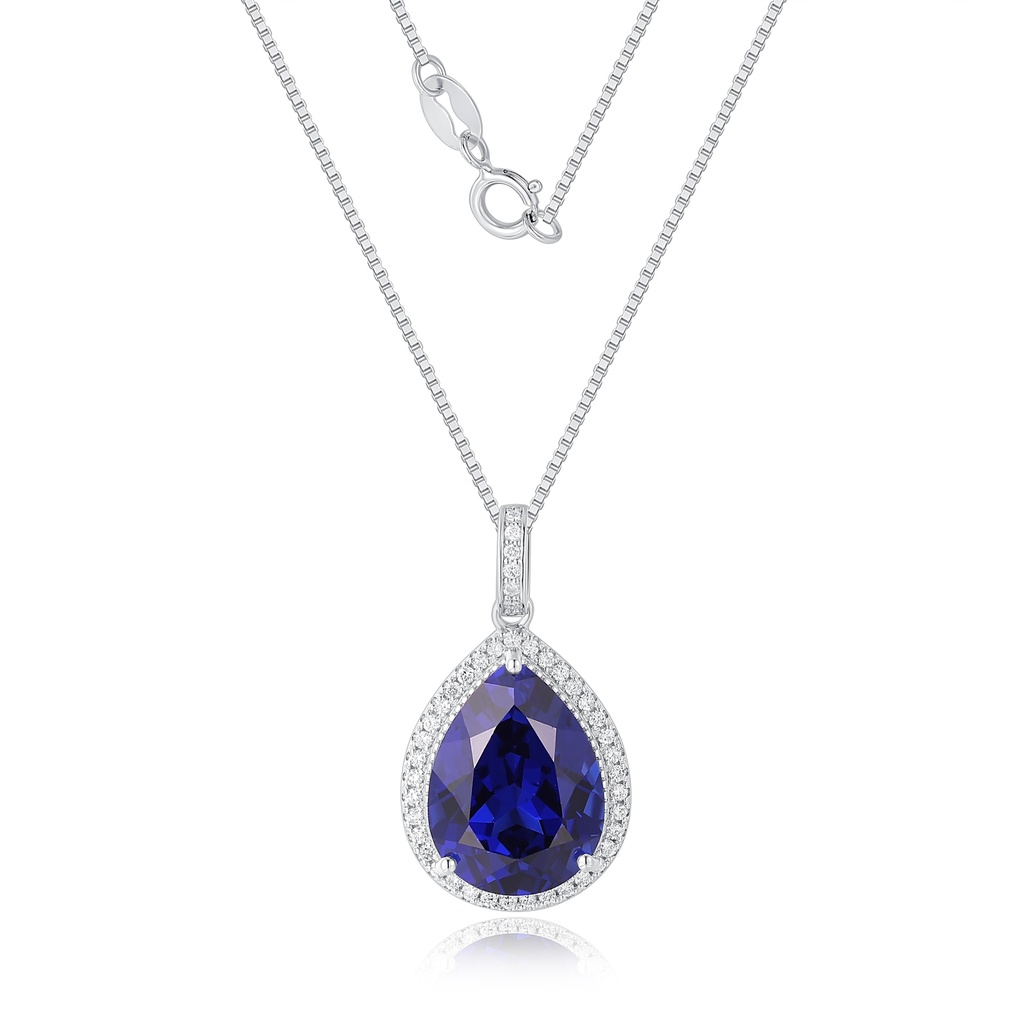 Teardrop Blue Gem Stainless Steel Necklace with Crystal Halo