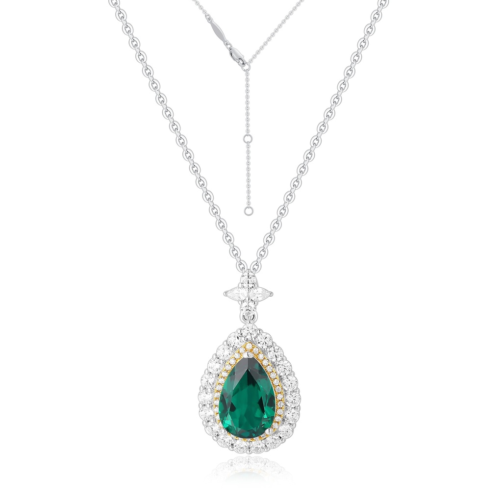 Teardrop Green Gem Necklace with Double Halo Sparkling Design