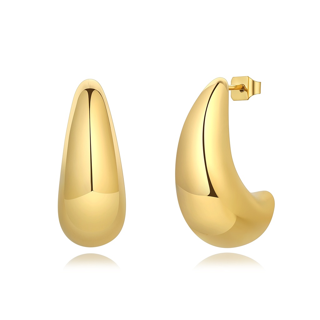 Teardrop Hoop Earrings, Sleek Gold Stainless Steel, No Gemstones